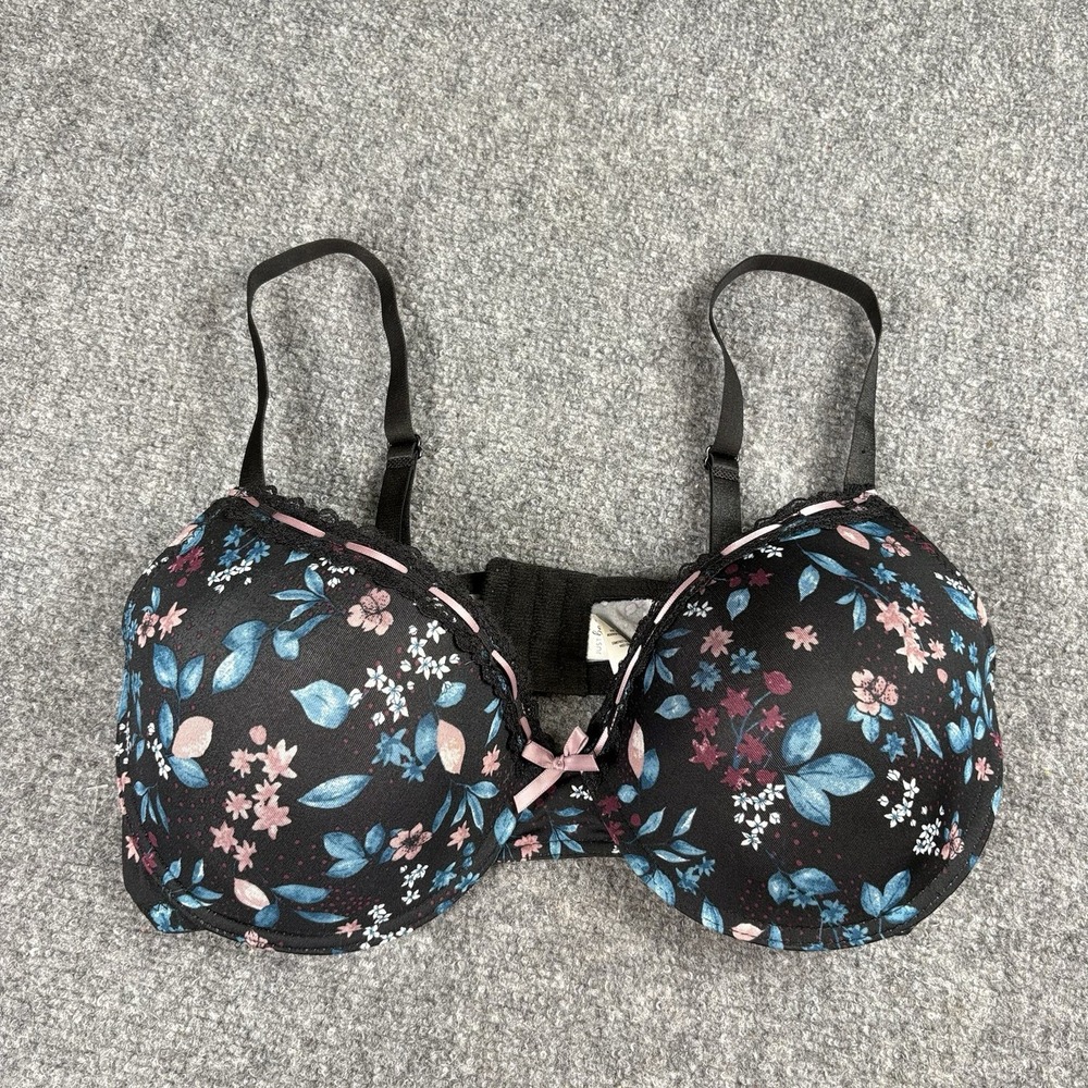 Just Be Bra Womens 40C Full Coverage Underwire Black Floral Comfortable Coquette